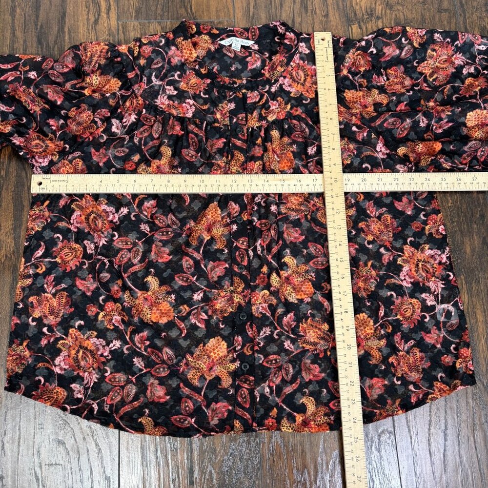 Ophelia Roe Top XL Black Orange Floral Textured 3/4 Sleeve Sheer Blouse‎ Women's - Picture 7 of 11
